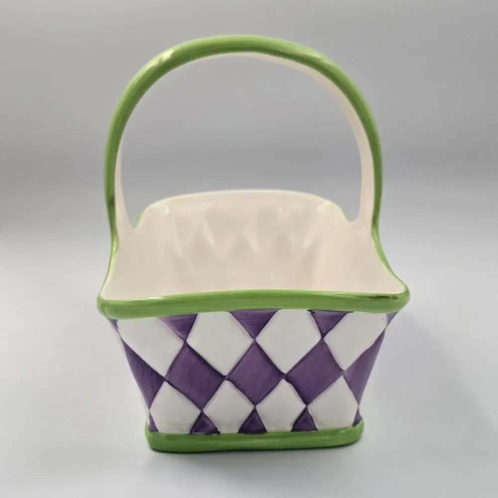 Teleflora Purple White Diamond Checkered Ceramic Basket Planter Green Handle